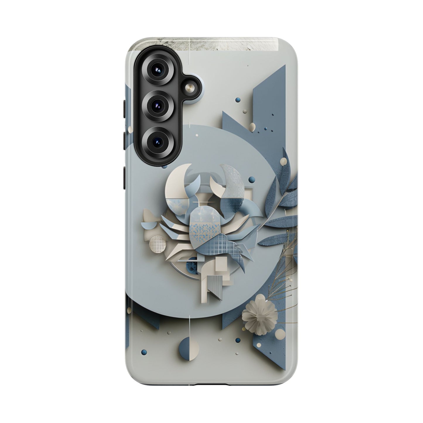 Cancer zodiac phone case featuring a stylized crab design, layered blue-gray artwork, and elegant geometric details on a protective glossy phone case.