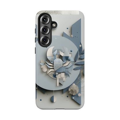 Cancer zodiac phone case featuring a stylized crab design, layered blue-gray artwork, and elegant geometric details on a protective glossy phone case.
