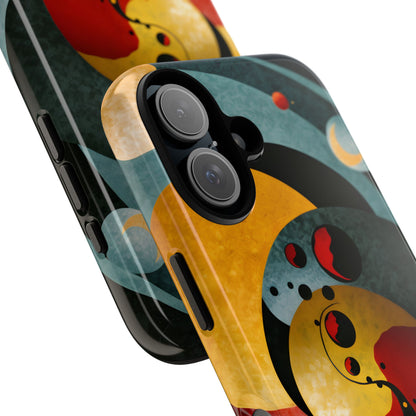 Molecular Moons phone case featuring abstract celestial spheres and flowing geometric forms in deep blue, gold, red, and black tones, evoking cosmic motion, mystery, and exploration.