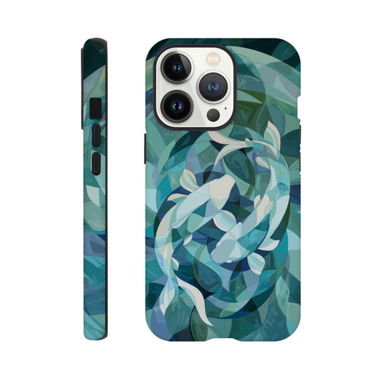 An Apple iPhone 13 Pro Phone Case with the following design on it : A representation of the Pisces zodiac sign depicted as follows - A geometric abstract painting of fish swimming in circles, using shades and shapes to create the illusion that they form an endless circle. The color palette is soft with pastel blues and greens, giving it a calming effect. This artwork symbolizes motion, energy flow, chaos theory, infinite reflection, balance between movement and stillness