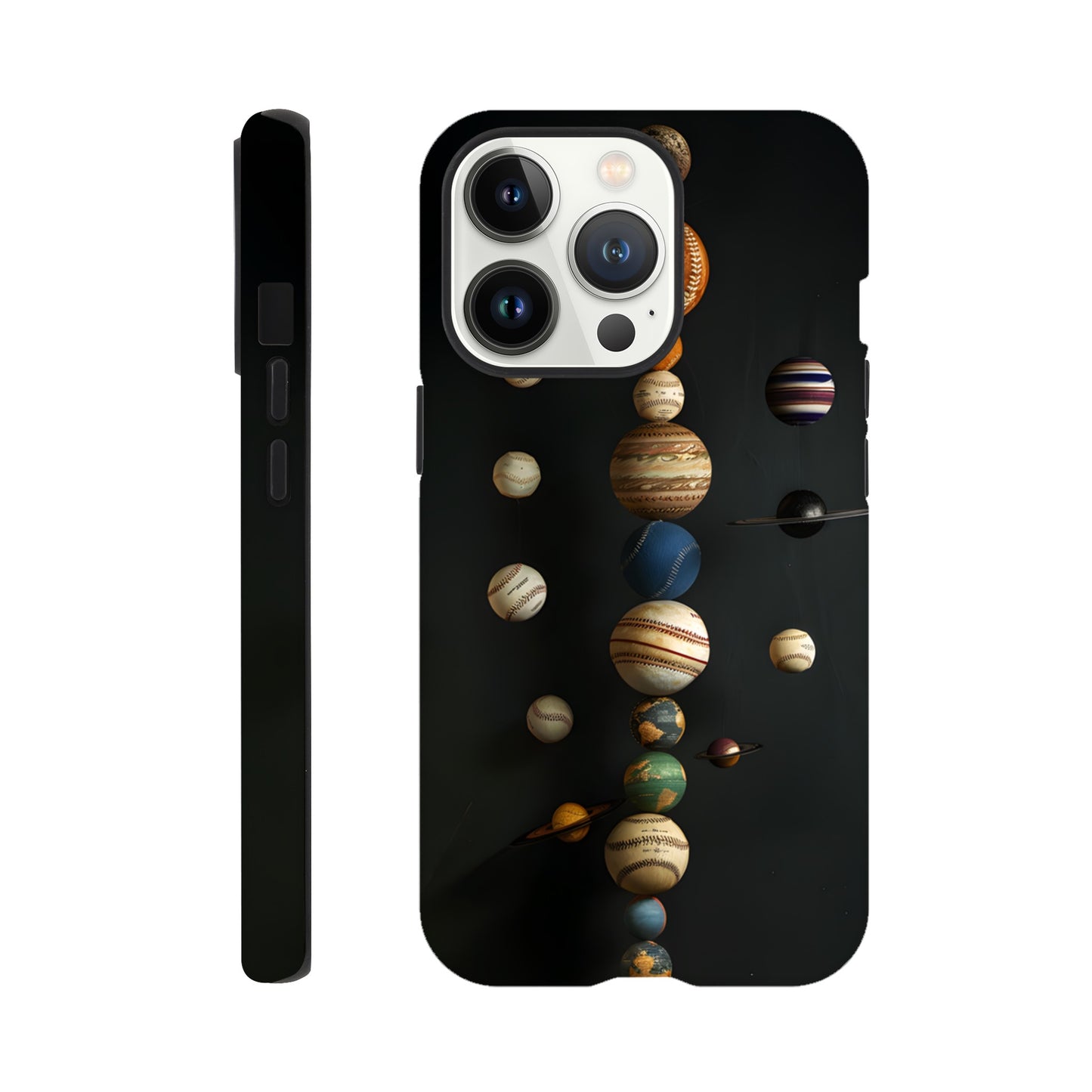 An Apple iPhone 13 Pro phone case with a design depicting our solar system with baseballs in place of planets