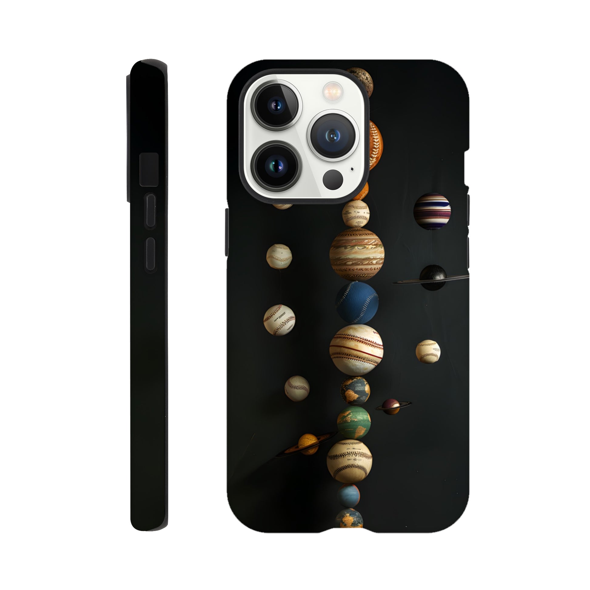 An Apple iPhone 13 Pro phone case with a design depicting our solar system with baseballs in place of planets