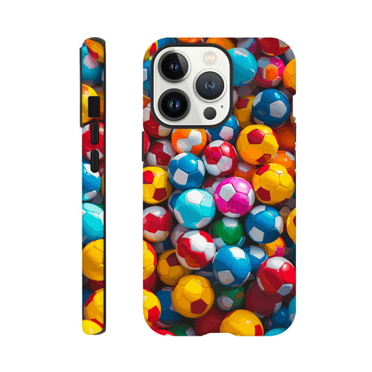 An IPhone 13 Pro Phone Case with the following design on it: A Kids ball pit made up of soccer balls, the soccer balls are of a variety of colors, fun and bright, pop art