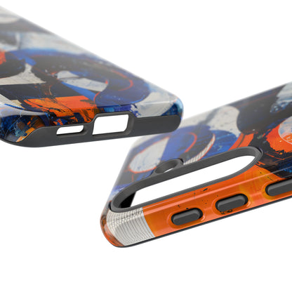 Recipe for Love and Conflict phone case featuring bold blue, orange, white, and black abstract circular forms with expressive brushstrokes and contemporary geometric artwork.