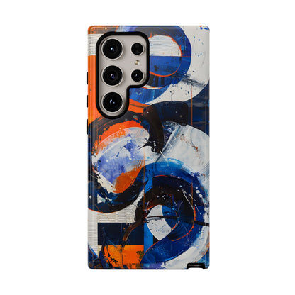 Recipe for Love and Conflict phone case featuring bold blue, orange, white, and black abstract circular forms with expressive brushstrokes and contemporary geometric artwork.