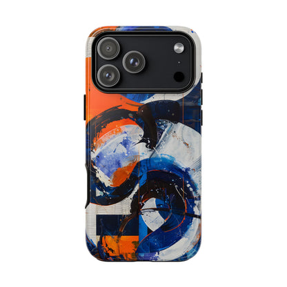 Recipe for Love and Conflict phone case featuring bold blue, orange, white, and black abstract circular forms with expressive brushstrokes and contemporary geometric artwork.