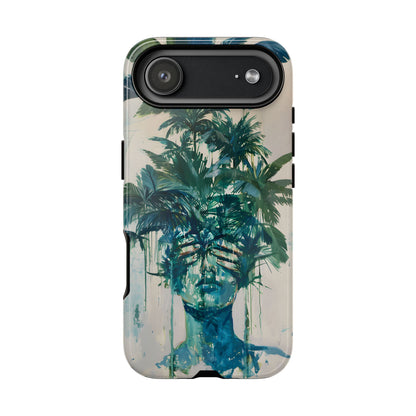 Deceitful Palms phone case featuring a surreal teal portrait partially concealed by lush tropical palm leaves, blending botanical imagery with abstract expression to symbolize hidden truths, perception, and mystery.