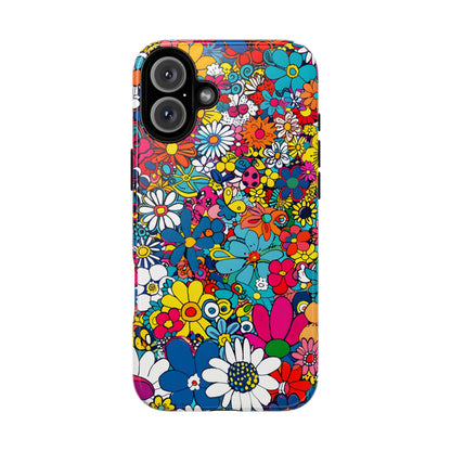 Retro Flowers phone case featuring a vibrant collage of colorful floral illustrations in a playful vintage-inspired design, celebrating creativity, joy, and timeless flower power style.