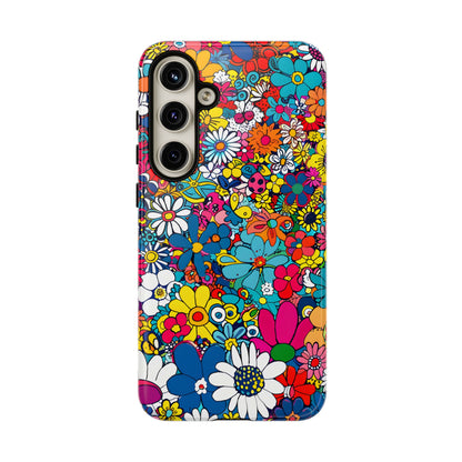 Retro Flowers phone case featuring a vibrant collage of colorful floral illustrations in a playful vintage-inspired design, celebrating creativity, joy, and timeless flower power style.