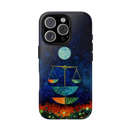 Libra zodiac phone case featuring elegant celestial scales beneath a glowing moon in a star-filled night sky, capturing the balanced and harmonious spirit of Libra.