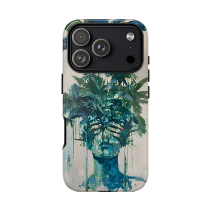 Deceitful Palms phone case featuring a surreal teal portrait partially concealed by lush tropical palm leaves, blending botanical imagery with abstract expression to symbolize hidden truths, perception, and mystery.