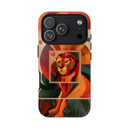Vibrant Leo zodiac phone case featuring a majestic geometric lion surrounded by warm orange and red hues, capturing the bold, confident spirit of the Leo star sign.