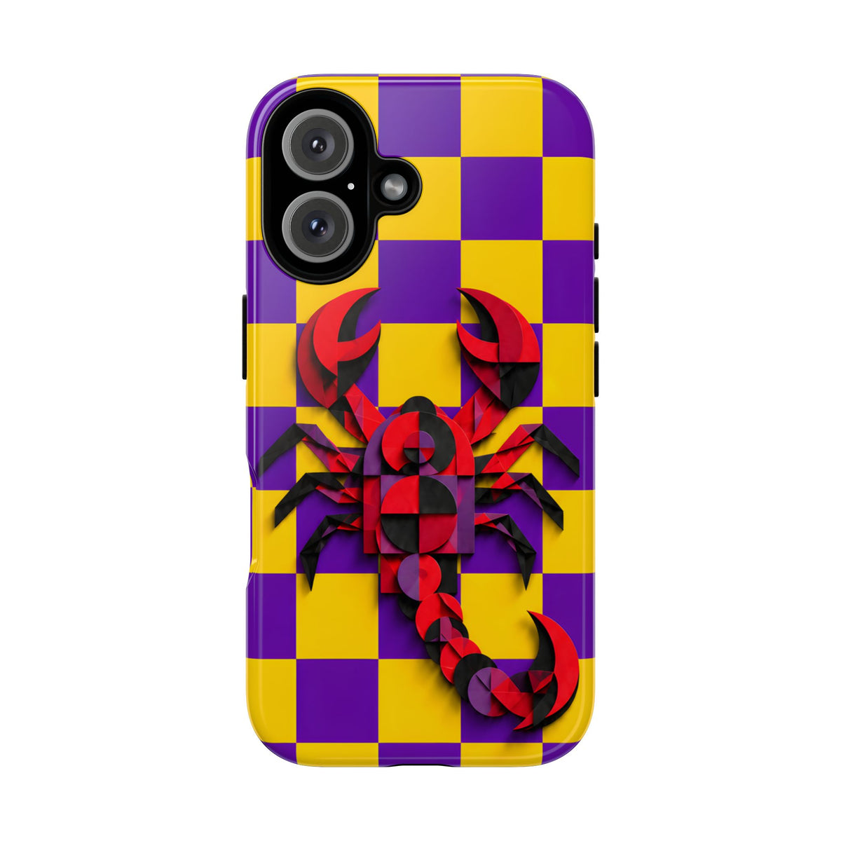 Scorpio Zodiac Themed phone case featuring a yellow and purple checkerboard pattern with a stylized red and black scorpion graphic in the center, shown on a plain white background.