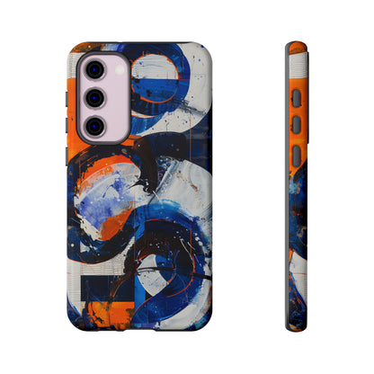 Recipe for Love and Conflict phone case featuring bold blue, orange, white, and black abstract circular forms with expressive brushstrokes and contemporary geometric artwork.