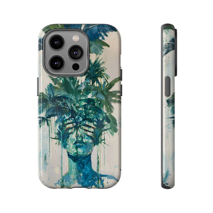 Deceitful Palms phone case featuring a surreal teal portrait partially concealed by lush tropical palm leaves, blending botanical imagery with abstract expression to symbolize hidden truths, perception, and mystery.