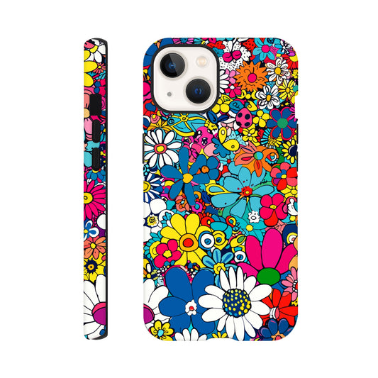 An Apple iPhone 13 Phone Case with the following design on it : Lots of retro looking flowers of multiple colors with no discernible arrangement against a white background. 