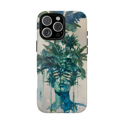 Deceitful Palms phone case featuring a surreal teal portrait partially concealed by lush tropical palm leaves, blending botanical imagery with abstract expression to symbolize hidden truths, perception, and mystery.