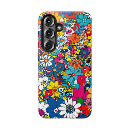 Retro Flowers phone case featuring a vibrant collage of colorful floral illustrations in a playful vintage-inspired design, celebrating creativity, joy, and timeless flower power style.