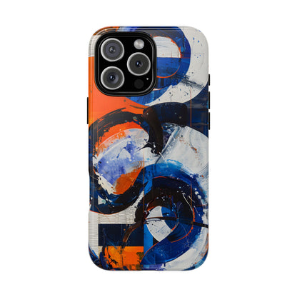 Recipe for Love and Conflict phone case featuring bold blue, orange, white, and black abstract circular forms with expressive brushstrokes and contemporary geometric artwork.