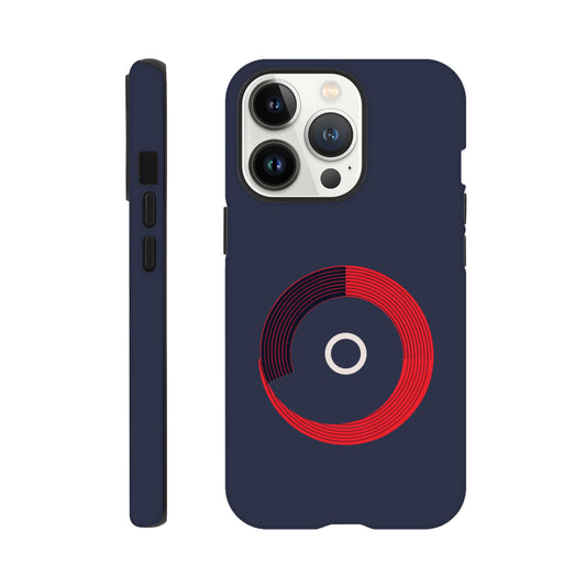 An Apple iPhone 13 Pro Phone Case with the following design on it: a red circle with black curved lines in the circle that make it look like bleachers from above on a navy blue background, there is a white letter circle in the center, a sleek and modern appearance, subtle gradients for depth effect