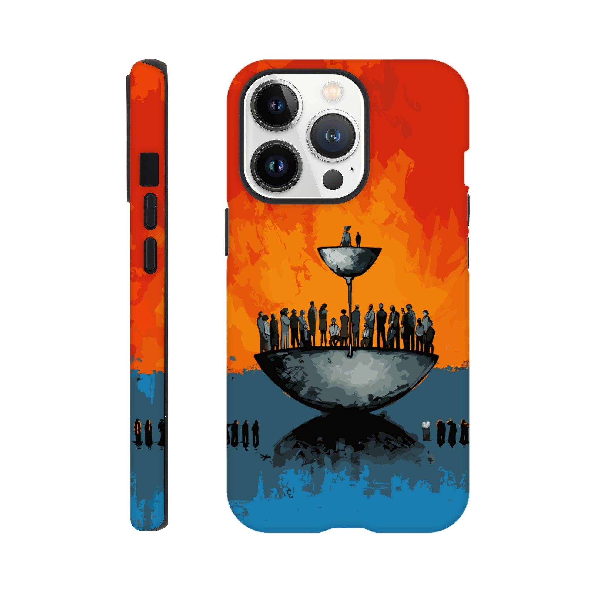 An Apple iPhone 13 Pro Phone Case with the following design on it - A large person is sitting in a bowl of a weighing scale. There is a larger bowl beneath this with lots of people in it. Income Inequality is theme, pop art, blue, orange, black, and red