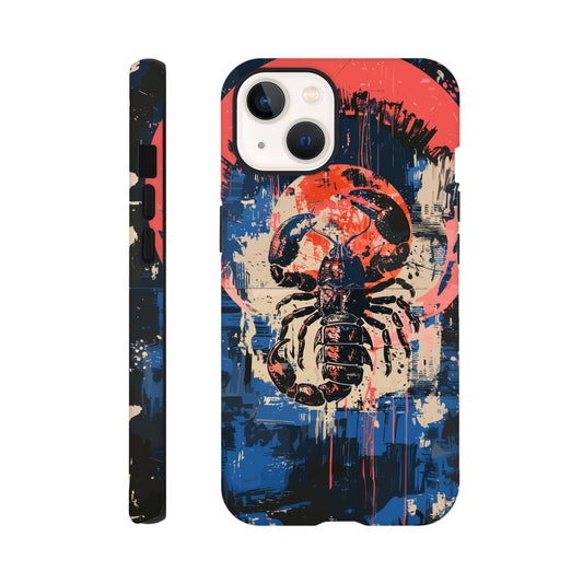 An Apple iPhone 13 Phone Case with the following design on it : A painting of a Scorpio with red accents, the Scorpio is the symbol for the astrological sign Scorpio, the Scorpio is positioned in the center against abstract blue and white brushstrokes, within a pink circle. The artwork has a splattered, chaotic background.