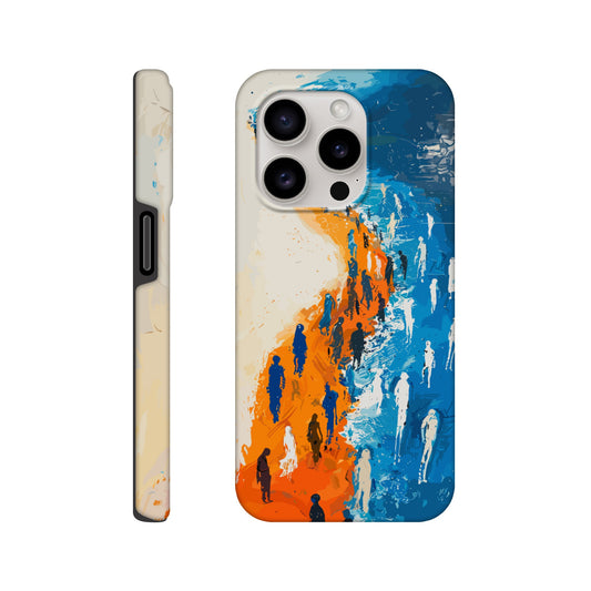 An iPhone 15 Pro Phone Case with the following design on it - the Sahara desert pouring into a beautiful ocean while a large group of non distinct human forms wade through the shallows as well as walk along the new shore, blue, orange, white, style of fauvism