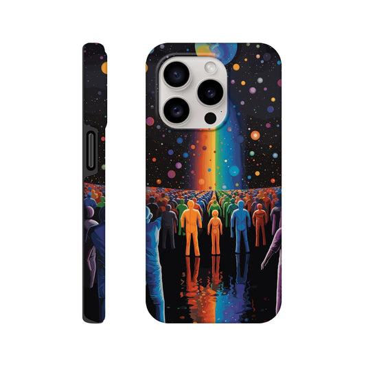 An Apple iPhone 15 Pro Phone Case with the following design on it : A cartoonish image of a colorful crowd of people on the surface of an alien planet, with rainbows and stars in the background. The design incorporates different colors to create a visually appealing composition. The lighting creates a sense of depth and dimension. The overall effect conveys wonderment and excitement as if looking out into space