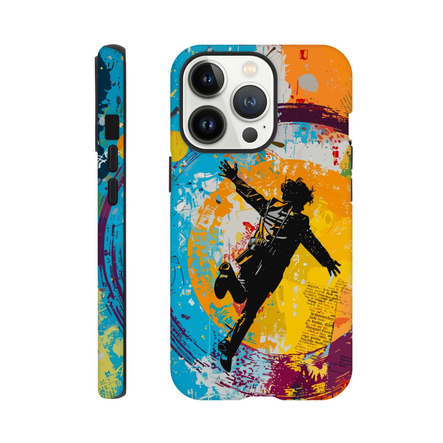 An Apple iPhone 13 Pro Phone Case with the following design on it -A graffiti style painting of the back of a human male in a suit falling in mid-air, with bold colors. The background is filled with vibrant splashes of color and newspaper texture in the style of American pop art