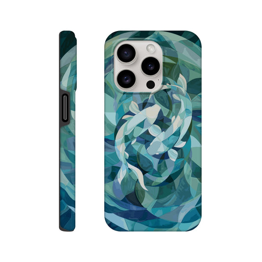 An Apple iPhone 15 Pro Phone Case with the following design on it : A representation of the Pisces zodiac sign depicted as follows - A geometric abstract painting of fish swimming in circles, using shades and shapes to create the illusion that they form an endless circle. The color palette is soft with pastel blues and greens, giving it a calming effect. This artwork symbolizes motion, energy flow, chaos theory, infinite reflection, balance between movement and stillness