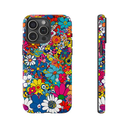 Retro Flowers phone case featuring a vibrant collage of colorful floral illustrations in a playful vintage-inspired design, celebrating creativity, joy, and timeless flower power style.