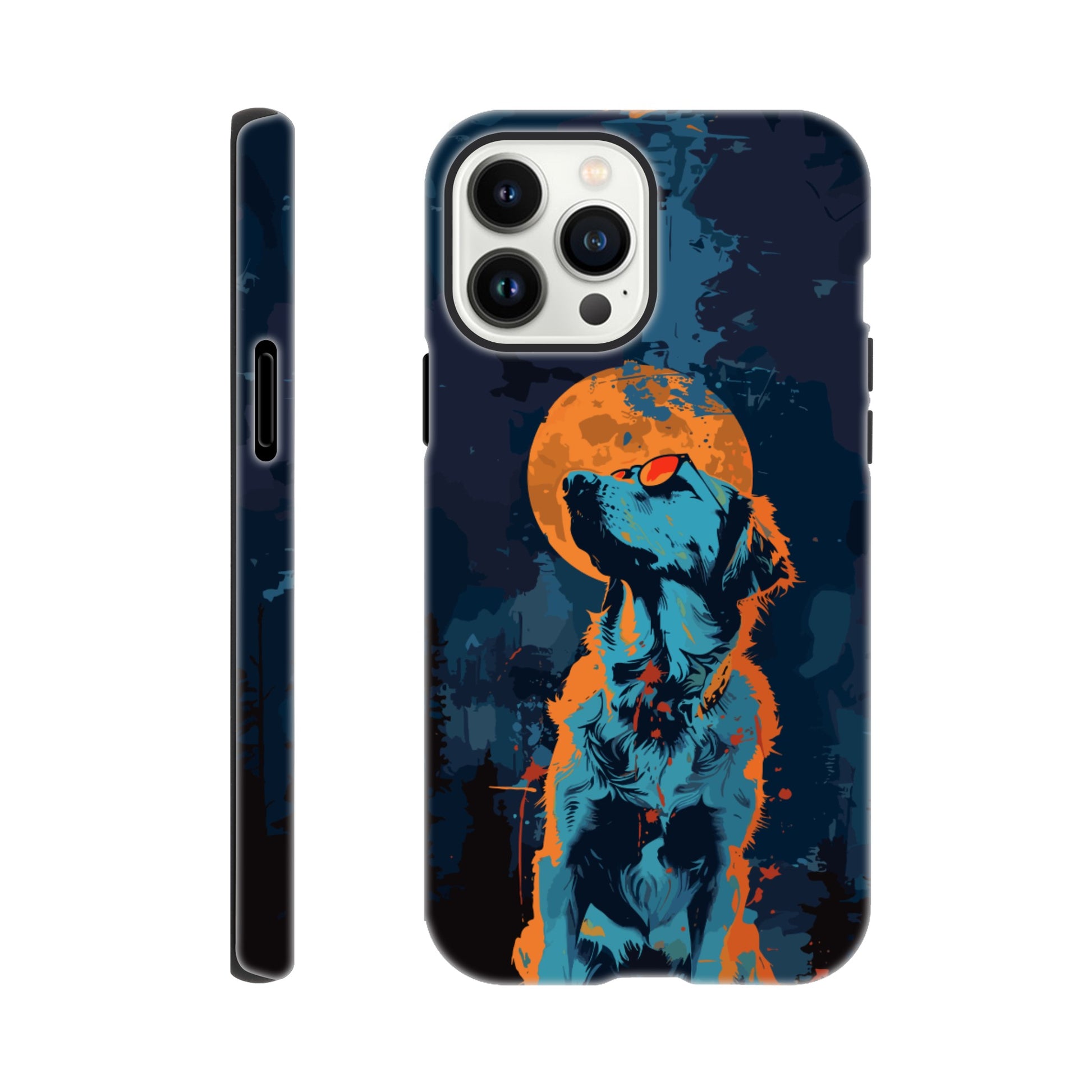 An Apple iPhone 13 Pro Max Phone Case with the following design on it - A golden retriever dog with the moon behind it in a blue and orange color scheme, a night forest background, flat vector art with dark blue and light amber colors, a cyberpunk aesthetic
