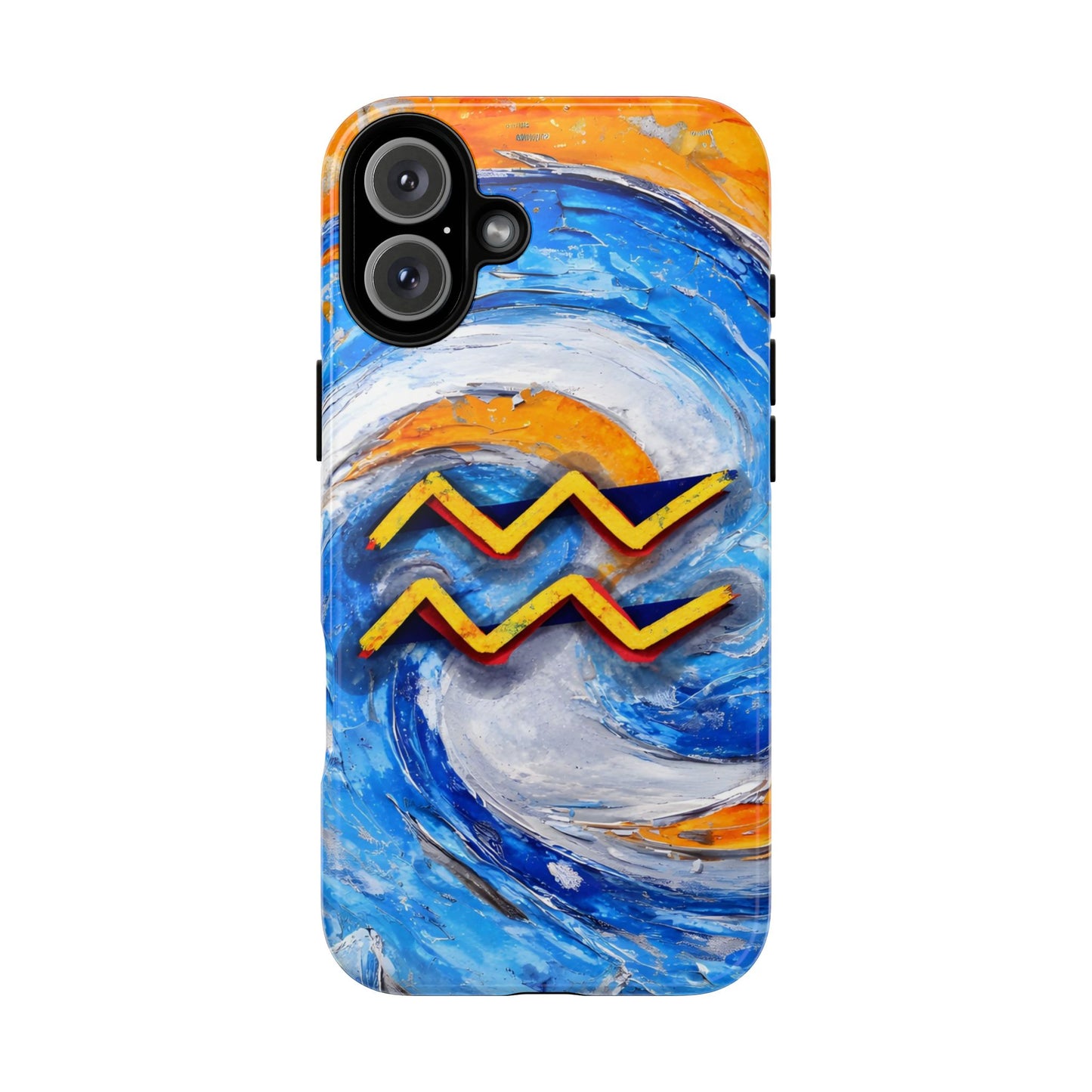 Aquarius zodiac phone case featuring vibrant blue swirling artwork, orange accents, and a bold Aquarius symbol on a protective glossy phone case.