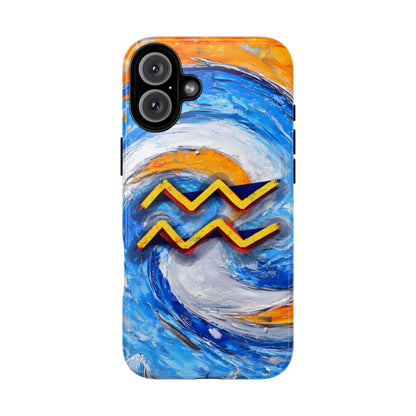 Aquarius zodiac phone case featuring vibrant blue swirling artwork, orange accents, and a bold Aquarius symbol on a protective glossy phone case.