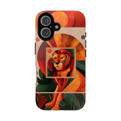 Vibrant Leo zodiac phone case featuring a majestic geometric lion surrounded by warm orange and red hues, capturing the bold, confident spirit of the Leo star sign.