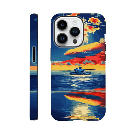 An Apple iPhone 14 Pro Phone Case with the following design on it : A tank is sailing on the sea, with colorful clouds in the sky and a sunset reflection on the water surface, the style of an oil painting. The main colors of red, blue, yellow and orange are presented in a flat illustration