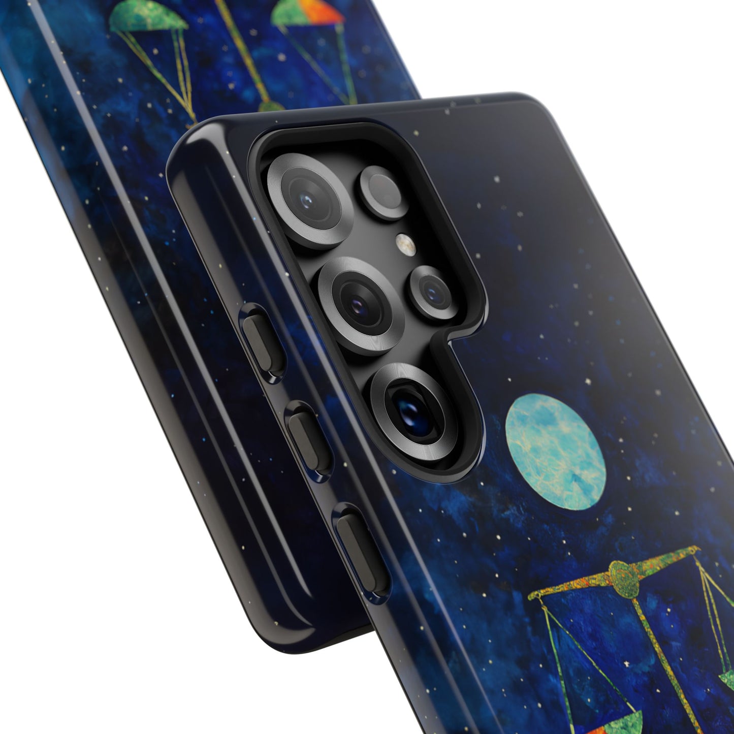 Libra zodiac phone case featuring elegant celestial scales beneath a glowing moon in a star-filled night sky, capturing the balanced and harmonious spirit of Libra.