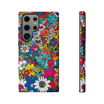 Retro Flowers phone case featuring a vibrant collage of colorful floral illustrations in a playful vintage-inspired design, celebrating creativity, joy, and timeless flower power style.