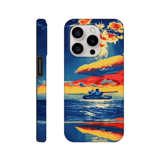 An Apple iPhone 15 Pro Phone Case with the following design on it : A tank is sailing on the sea, with colorful clouds in the sky and a sunset reflection on the water surface, the style of an oil painting. The main colors of red, blue, yellow and orange are presented in a flat illustration