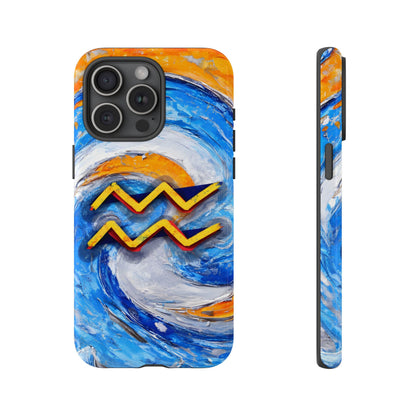 Aquarius zodiac phone case featuring vibrant blue swirling artwork, orange accents, and a bold Aquarius symbol on a protective glossy phone case.