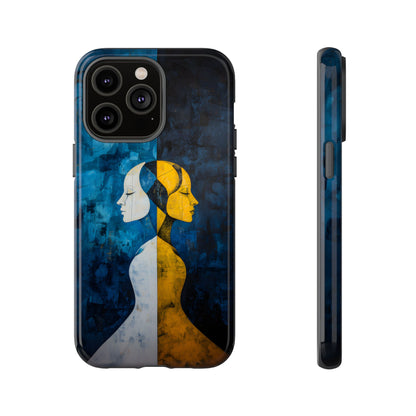 Gemini zodiac phone case featuring stylized twin figures rendered in gold and ivory against a richly textured midnight blue background, symbolizing the dual nature of Gemini.