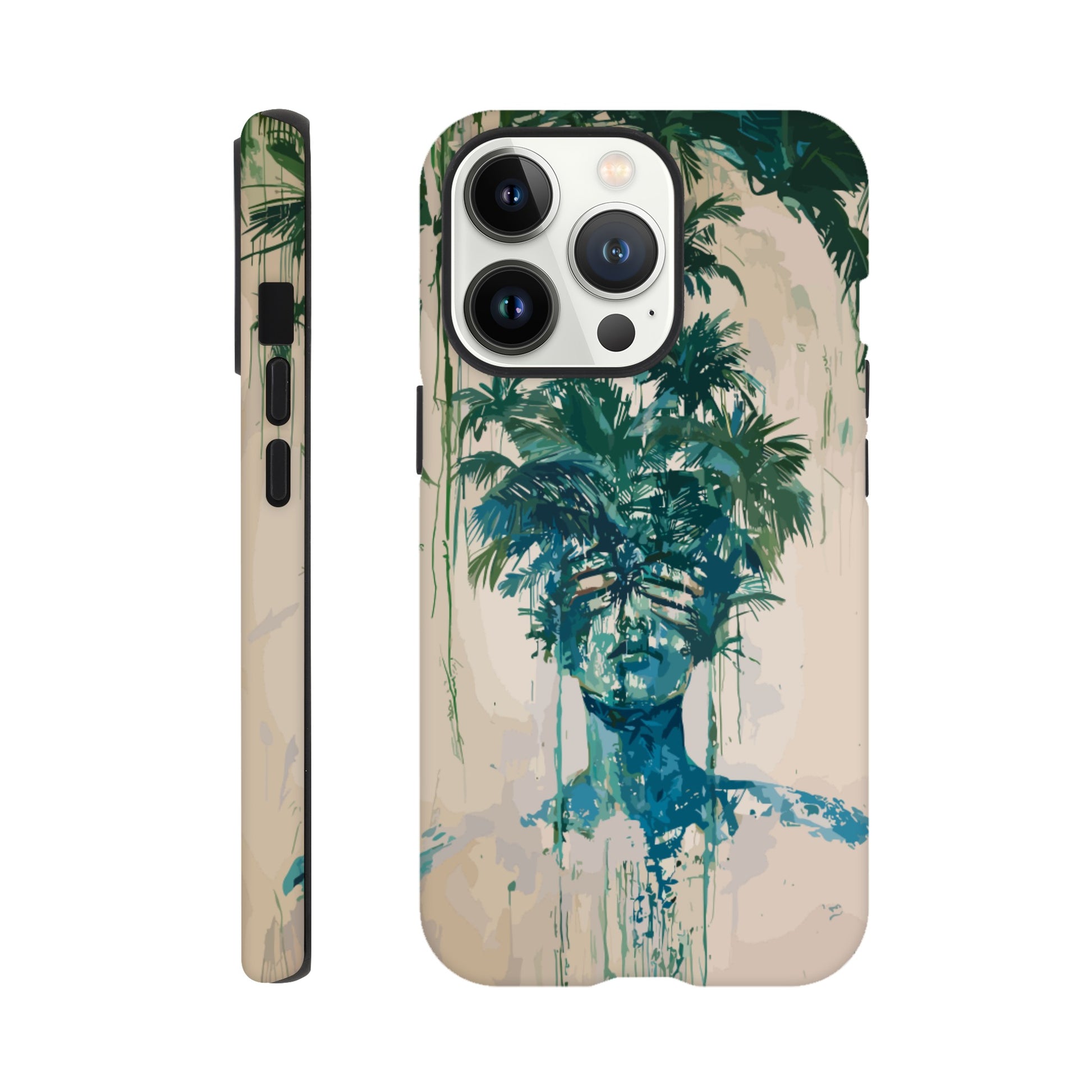 An Apple iPhone 13 Pro phone case with the following design on it -the soulless look on the face of either a female or male human form that is self possessed and obscured by a dozen palm trees, green, blue, white, surrealism meets fauvism