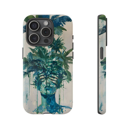 Deceitful Palms phone case featuring a surreal teal portrait partially concealed by lush tropical palm leaves, blending botanical imagery with abstract expression to symbolize hidden truths, perception, and mystery.