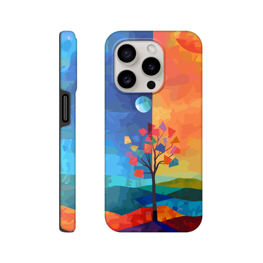 An Apple iPhone 15 Pro Phone Case with the following design on it - A landscape with two distinct color blocks representing day and night, featuring the sun on one side and the moonlight on the other, with a tree in between, depicted as geometric shapes and colors in the style of abstract art, with vibrant and contrasting colors, a modern digital painting