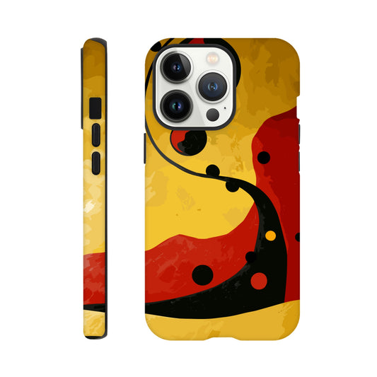 An Apple iPhone 13 Pro Phone Case with the following design on it - Abstract painting of yellow, red and black dots on the wall in an art deco style. The background is a dark gradient from light to deep yellow. In the foreground there's a swirl with three circles that resemble multiple shapes within each other, giving it depth. It has organic curves but also geometric elements.