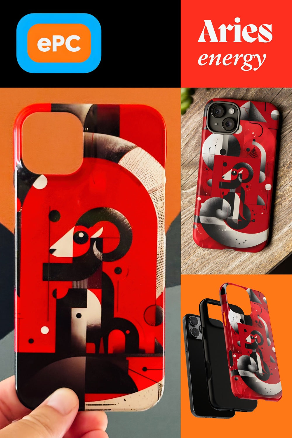 Aries zodiac phone case featuring a stylized ram design, bold red background, and modern geometric artwork on a protective glossy phone case.
