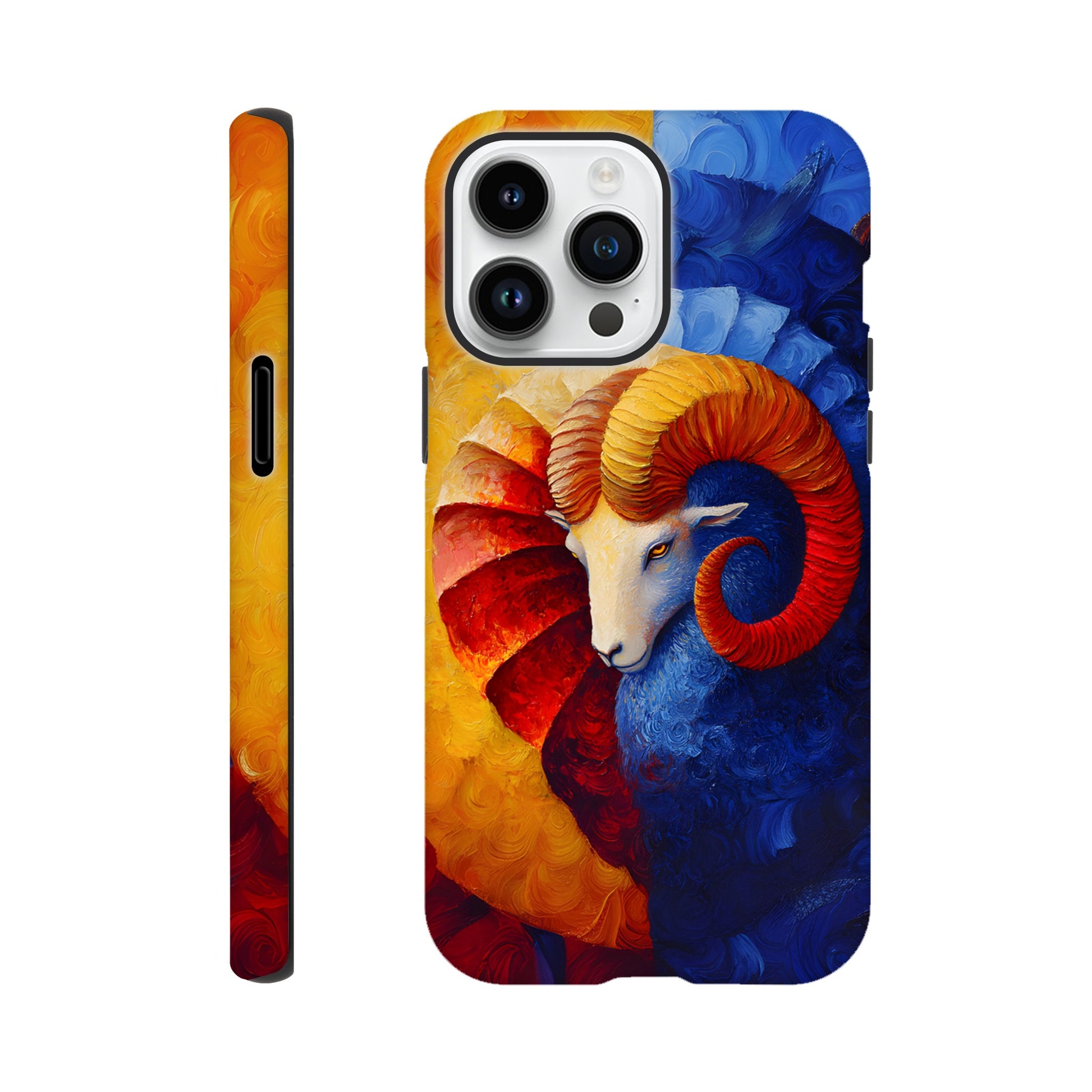 iPhone case with an oil painting style illustration of an Aries ram. The art features a white ram's head with large, curved orange and red horns, set against a background split between fiery yellow/red and cool deep blue brushstrokes.