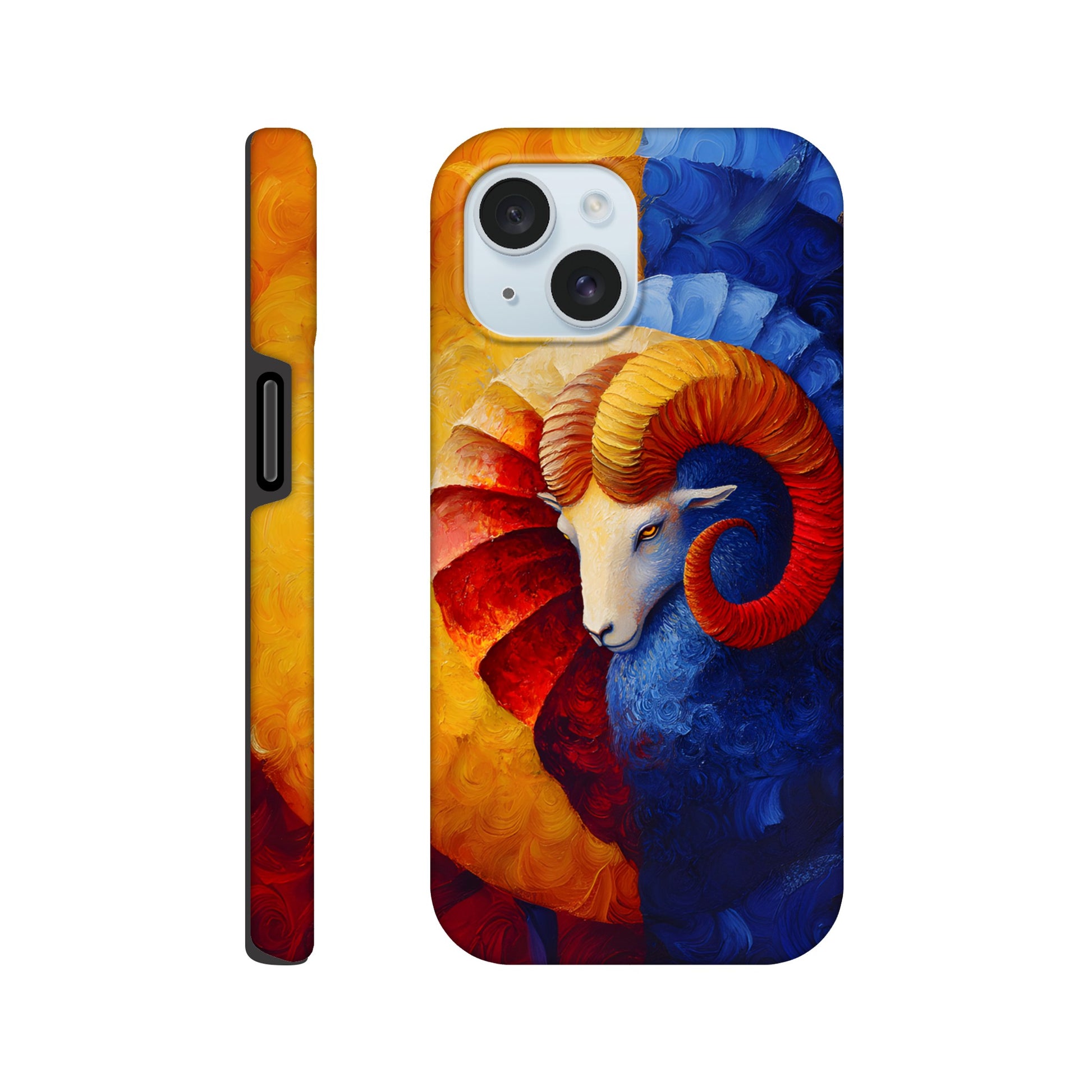 iPhone case with an oil painting style illustration of an Aries ram. The art features a white ram's head with large, curved orange and red horns, set against a background split between fiery yellow/red and cool deep blue brushstrokes.