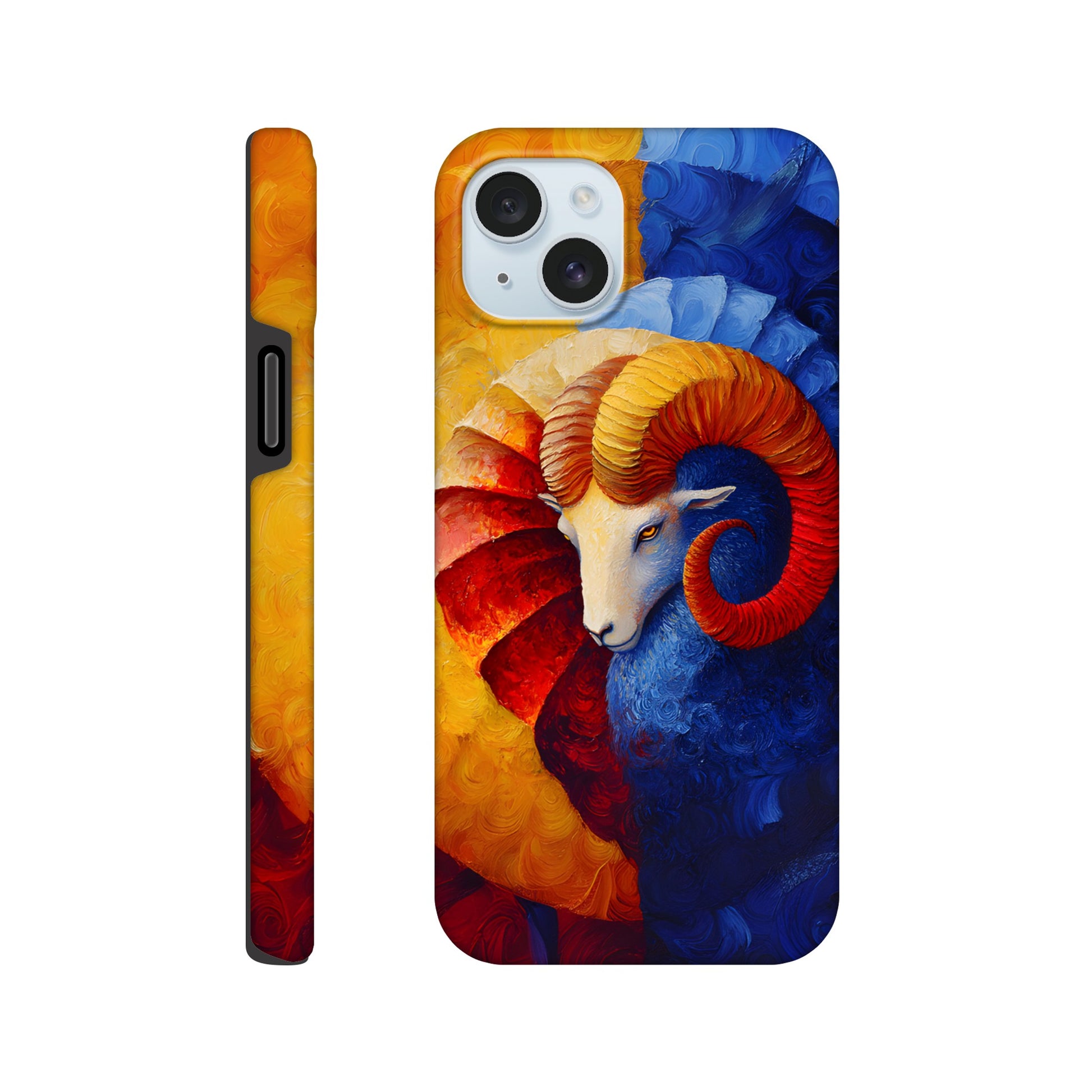 iPhone case with an oil painting style illustration of an Aries ram. The art features a white ram's head with large, curved orange and red horns, set against a background split between fiery yellow/red and cool deep blue brushstrokes.