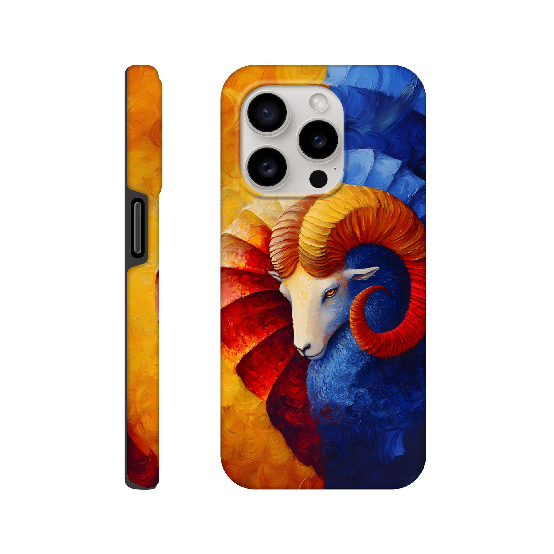 iPhone case with an oil painting style illustration of an Aries ram. The art features a white ram's head with large, curved orange and red horns, set against a background split between fiery yellow/red and cool deep blue brushstrokes.